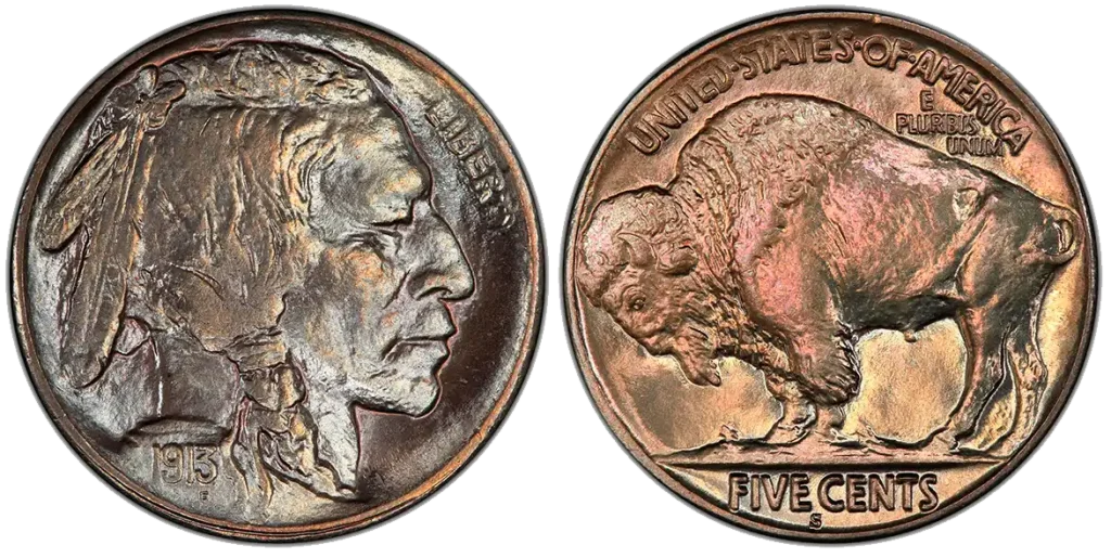 obverse and reverse of a 1913 S Type 2 Buffalo nickel
