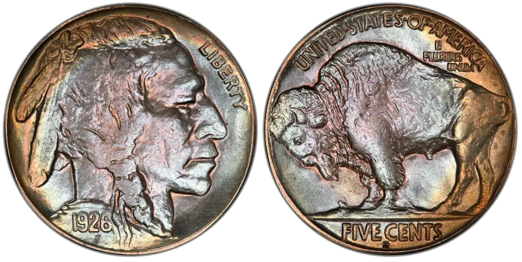 obverse and reverse of a 1926 S Buffalo nickel
