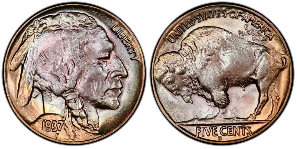 obverse and reverse of a 1937-D 3-Legged Buffalo nickel