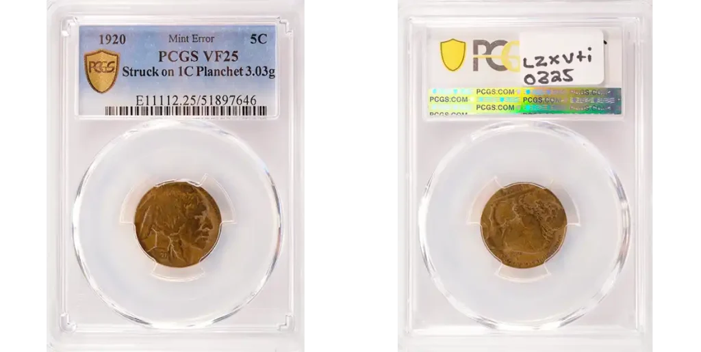 PCGS 1920 buffalo nickel struck on a cent planchet